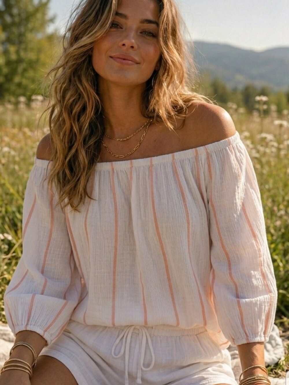 Miss Selfridge Effortlessly Chic Off-Shoulder Top Sunkissed Peach Stripes